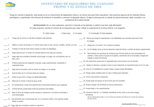 cover page for Self Care Lifestyle Balance Inventory assessment